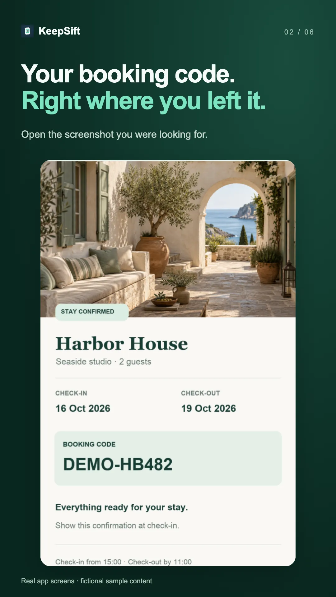 Fictional Harbor House booking screenshot with its sample booking code.