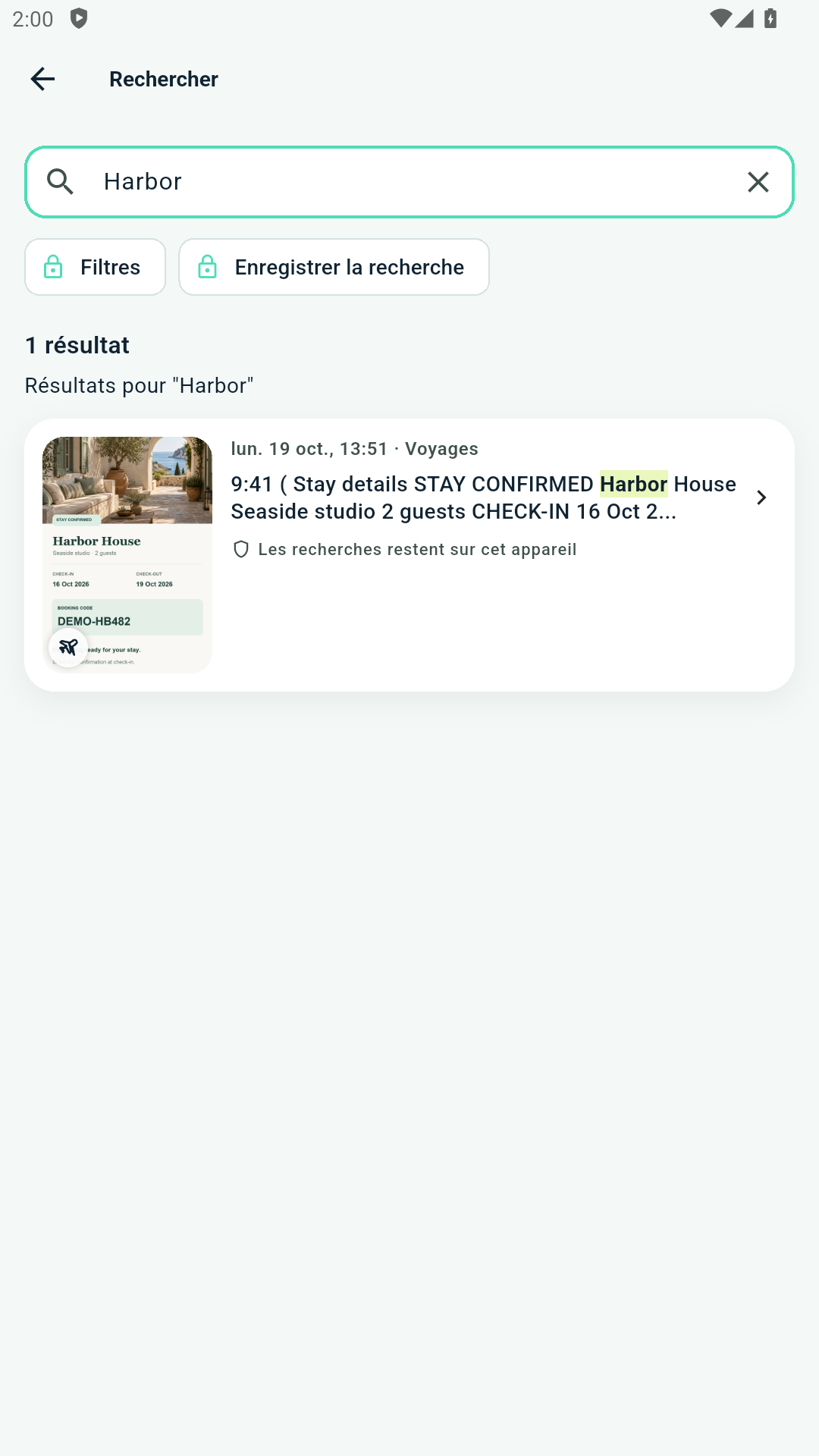 Recherchez « Harbor » pour retrouver cette réservation fictive.