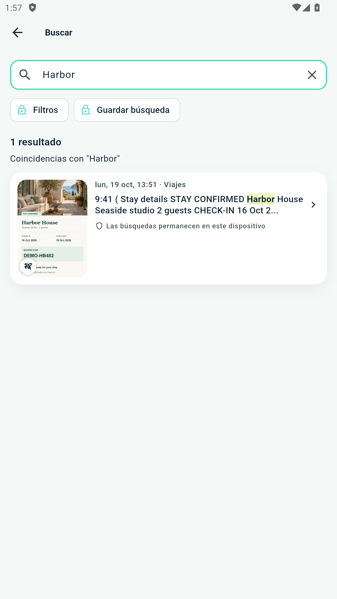 Busca «Harbor» para encontrar esta reserva ficticia.